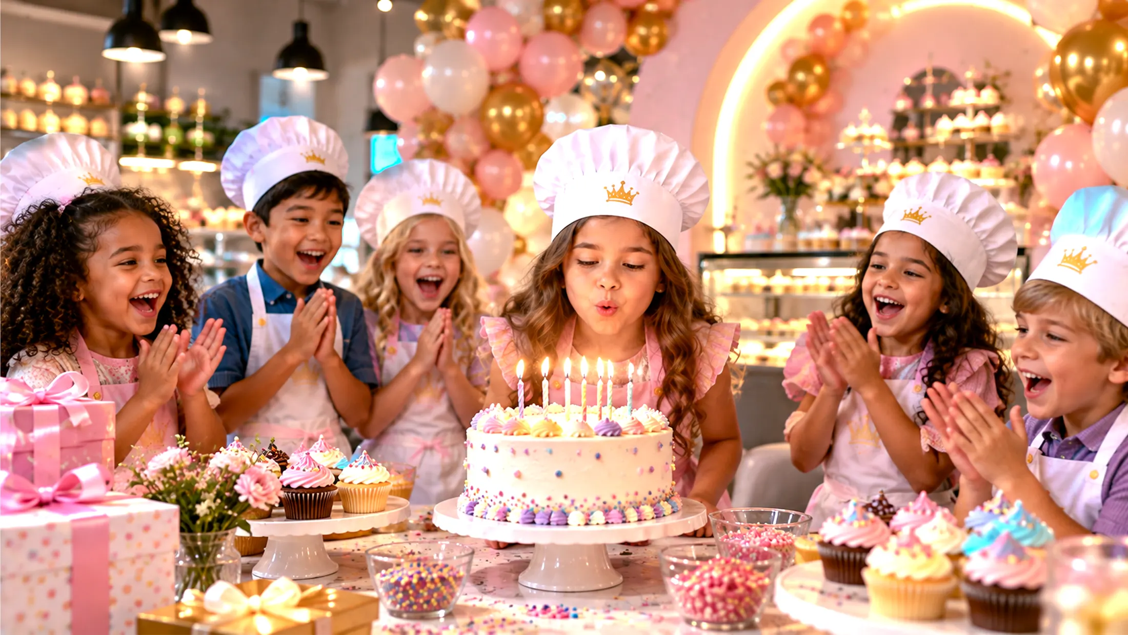 The birthday child blowing out the candles while friends cheer
